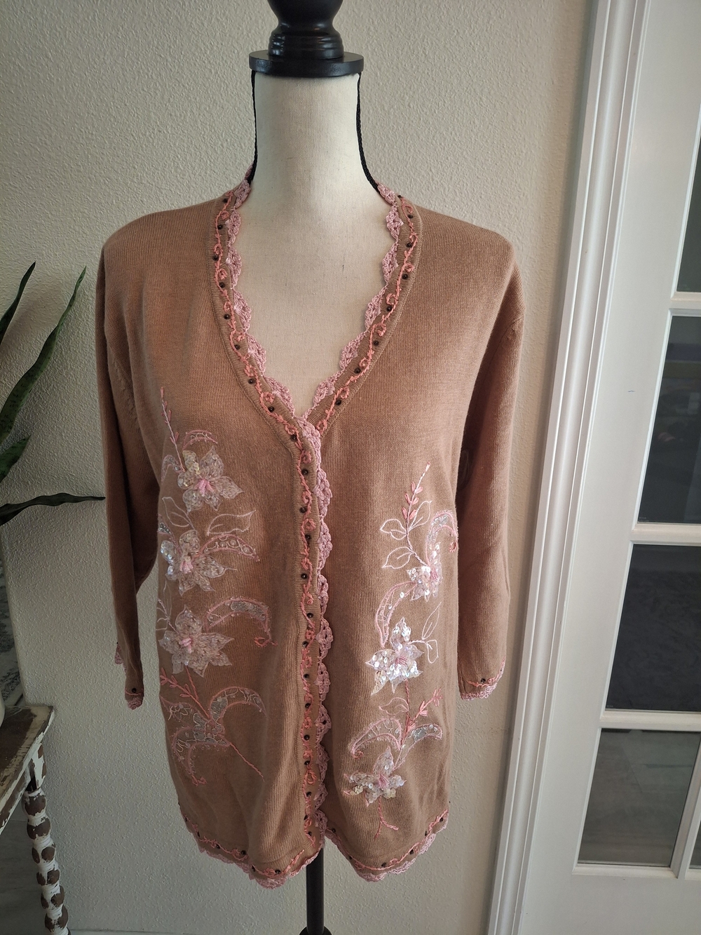 Cottagecore Storybook Knits Pink-Tan Embroidered Lace-Trim Cardigan